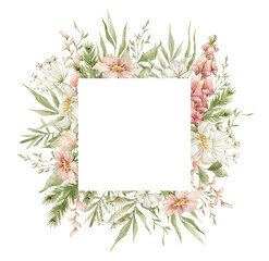 Watercolor square frame with elegant wild summer flowers, leaves. Wildflower rustic bouquet. Frame for wedding invitation, cards, covers