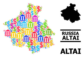 Bright colored finance and dollar mosaic and solid map of Altai Republic. Map of Altai Republic vector mosaic for GDP campaigns and promotion.