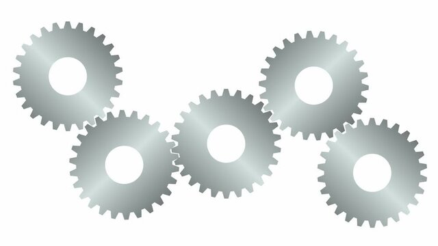 Animated silver gears spin. Flat symbol. Concept of connection, teamwork, communication, cooperation. Vector illustration isolated on white background.