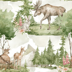 Fototapety  Watercolor seamless pattern with forest landscape. Trees, spruce, animals, mountains, elk, deer, hare, wild flowers. Wildlife nature, woodland background. 