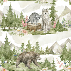 Watercolor seamless pattern with forest landscape. Trees, spruce, animals, mountains, wolf, bear, racoon, wild flowers. Wildlife nature, woodland background. 