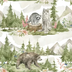 Wall murals Forest animals Watercolor seamless pattern with forest landscape. Trees, spruce, animals, mountains, wolf, bear, racoon, wild flowers. Wildlife nature, woodland background. 