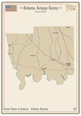 Map on an old playing card of Autauga county in Alabama, USA.