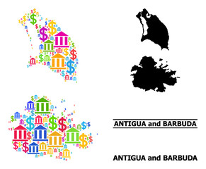 Naklejka premium Bright colored finance and business mosaic and solid map of Antigua and Barbuda. Map of Antigua and Barbuda vector mosaic for business campaigns and purposes.