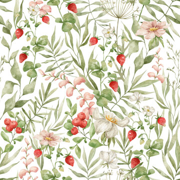 Watercolor seamless pattern with wild berries, flowers and leaves. Forest plants. Summer floral background. Strawberries, nature, blossom botany. 
