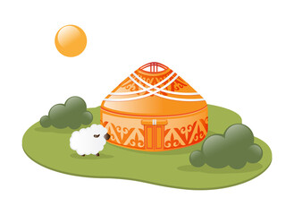 Yurt in the spring pasture, vector illustration landscape