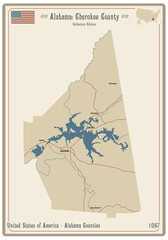 Map on an old playing card of Cherokee county in Alabama, USA.