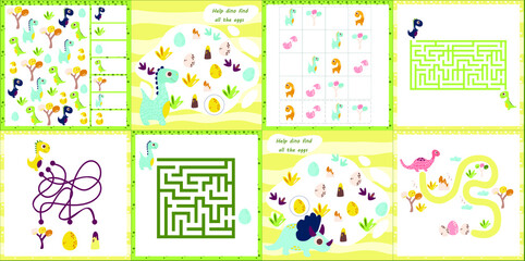 Mini games collections with dino for development. I spy. Maze. Colorful vector illustration in flat style. Dinosaur