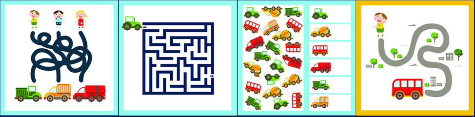 Mini games collections with cars for development. I spy. Maze. Colorful vector illustration in flat style.