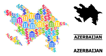 Multicolored bank and business mosaic and solid map of Azerbaijan. Map of Azerbaijan vector mosaic for promotion campaigns and promotion.