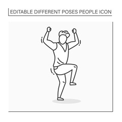  Person pose line icon. Man raised fist and one left leg up. Dancing. Satisfied. Looking directly.People poses concept. Isolated vector illustration
