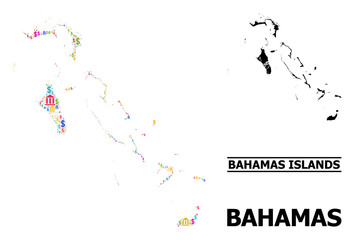 Multicolored bank and dollar mosaic and solid map of Bahamas Islands. Map of Bahamas Islands vector mosaic for ads campaigns and applications.