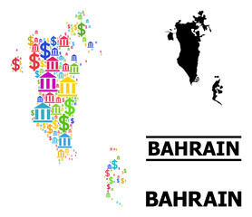 Multicolored bank and dollar mosaic and solid map of Bahrain. Map of Bahrain vector mosaic for promotion campaigns and purposes. Map of Bahrain is designed with multicolored bank and dollar ojects.