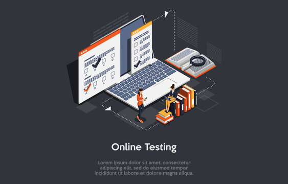 Vector 3D Illustration. Cartoon Isometric Design With Infographics. Online Testing Concept Art. Big Laptop, Papers With Information, Books. Two Characters Working. Modern Digital Remote Studying Ideas