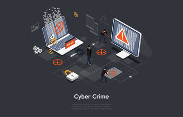 Cyber Crime Conceptual Art On Dark Background. Vector Illustration In Cartoon 3D Style, Isometric Design. People In Black Cracking Computers. Hackers, Online Theft Danger. Infographic Elements Around