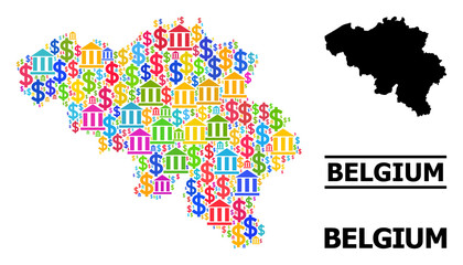 Fototapeta na wymiar Bright colored bank and money mosaic and solid map of Belgium. Map of Belgium vector mosaic for ads campaigns and agitation. Map of Belgium is designed from bright colored dollar and bank items.