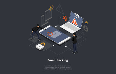 Email Hacking Conceptual Art On Dark Background. Vector Illustration In Cartoon 3D Style, Isometric Design. Hackers Team Stealing Information. Laptop And Smartphone Devices Near. Infographic Objects - obrazy, fototapety, plakaty