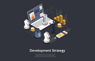Development Strategy Conceptual Art On Dark Background. Vector Illustration In Cartoon 3D Style, Isometric Design. Man, Laptop, Information With Charts On Screen. Chess Figures, Money Elements Around