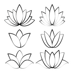 Set of black linear lotus icon. Sketch isolated flower symbols on white. Vector outline floral labels for spa center or beauty salon.