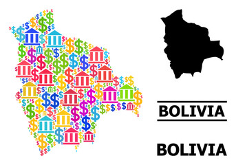 Bright colored finance and dollar mosaic and solid map of Bolivia. Map of Bolivia vector mosaic for geographic campaigns and propaganda.