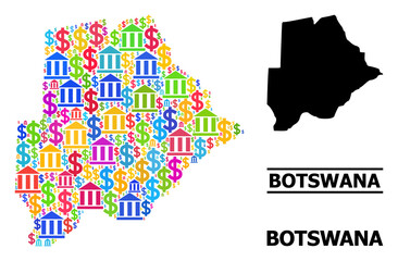 Multicolored bank and dollar mosaic and solid map of Botswana. Map of Botswana vector mosaic for ads campaigns and projects. Map of Botswana is designed from vibrant bank and dollar symbols.