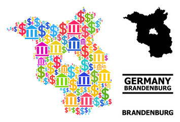 Multicolored bank and dollar mosaic and solid map of Brandenburg State. Map of Brandenburg State vector mosaic for geographic campaigns and propaganda.