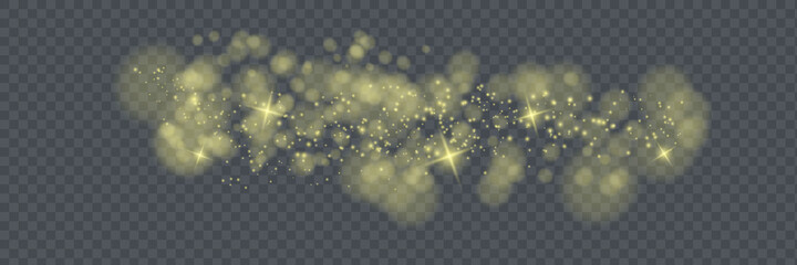 The dust sparks and golden stars shine with special light. Vector sparkles on a transparent background. Christmas light effect. Sparkling magical dust particles.