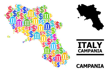 Vibrant banking and dollar mosaic and solid map of Campania region. Map of Campania region vector mosaic for promotion campaigns and doctrines.