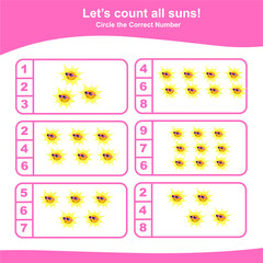 Counting suns game for Preschool Children. This worksheet is suitable for educating the early age children on how to count well