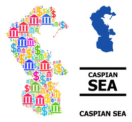 Bright colored finance and business mosaic and solid map of Caspian Sea. Map of Caspian Sea vector mosaic for business campaigns and promotion.
