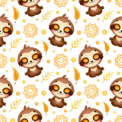 Cute cartoon jungle animals meditation seamless pattern. Yoga animals pattern. Sloth meditates pattern.