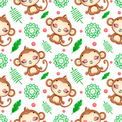 Cute cartoon jungle animals meditation seamless pattern. Yoga animals pattern. Monkey meditates pattern.