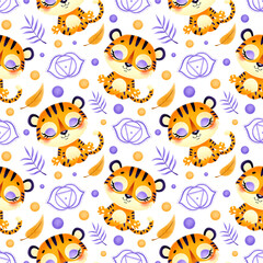 Obraz na płótnie Canvas Cute cartoon jungle animals meditation seamless pattern. Yoga animals pattern. Tiger meditates pattern.