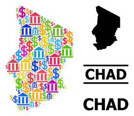 Fototapeta na wymiar Bright colored bank and business mosaic and solid map of Chad. Map of Chad vector mosaic for ads campaigns and propaganda. Map of Chad is created from bright colored dollar and bank icons.
