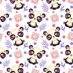 Cute cartoon jungle animals meditation seamless pattern. Yoga animals pattern. Panda bear meditates pattern.