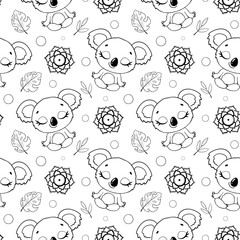 Cute cartoon jungle animals meditation seamless pattern. Doodle yoga animals pattern. Koala meditates pattern. Coloring page