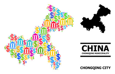 Colored finance and business mosaic and solid map of Chongqing Municipality. Map of Chongqing Municipality vector mosaic for business campaigns and agitprop.