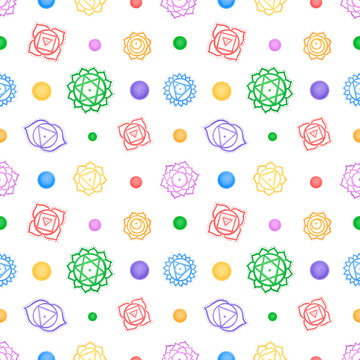 Cute cartoon chakras yantras seamless pattern. Yoga pattern.
