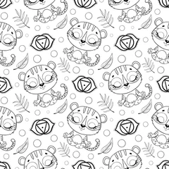 Deurstickers Cute cartoon jungle animals meditation seamless pattern. Doodle yoga animals pattern. Tiger meditates pattern. Coloring page © Bonbonny