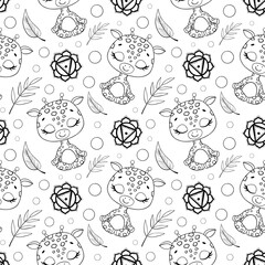 Cute cartoon jungle animals meditation seamless pattern. Doodle yoga animals pattern. Giraffe meditates pattern. Coloring page