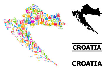 Vibrant bank and dollar mosaic and solid map of Croatia. Map of Croatia vector mosaic for advertisement campaigns and posters. Map of Croatia is formed from vibrant dollar and bank items.