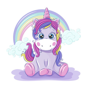 Cute unicorn with a rainbow. Vector illustration for children. Print for textiles, children postcard, sticker. EPS10 format.