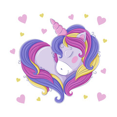 Cute rainbow unicorn, in the form of a heart. Vector graphics. EPS10 format.