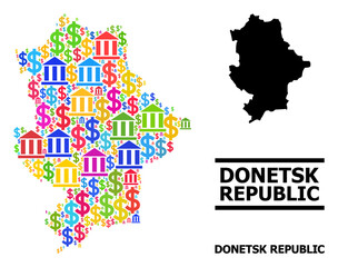 Bright colored bank and dollar mosaic and solid map of Donetsk Republic. Map of Donetsk Republic vector mosaic for GDP campaigns and propaganda.