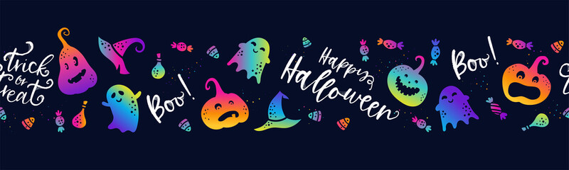 Cute hand drawn Halloween seamless pattern, funny pumpkin faces, great for textiles, banners, wallpapers, wrapping - vector design