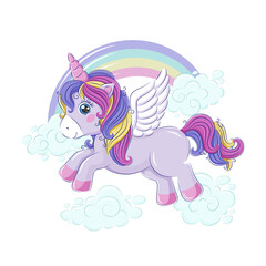 A cute unicorn flying over the rainbow, across the starry sky. Vector illustration. EPS10.