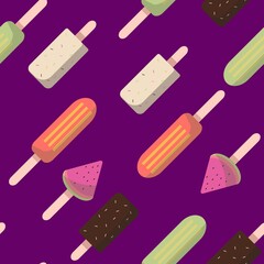 Seamless pattern with different ice creams on purple background. For textile, paper, wallpaper, wrapping paper, packaging. Vector pattern.
