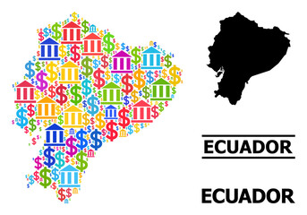 Fototapeta na wymiar Colorful bank and dollar mosaic and solid map of Ecuador. Map of Ecuador vector mosaic for promotion campaigns and posters. Map of Ecuador is designed from colorful bank and dollar parts.