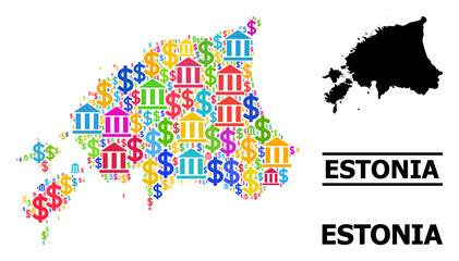 Colored bank and commercial mosaic and solid map of Estonia. Map of Estonia vector mosaic for promotion campaigns and doctrines. Map of Estonia is composed from bright colored dollar and bank symbols.
