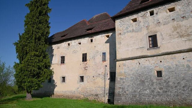 Well preserved Gracar Turn castle in Slovenia. Beautiful and historic building. 14th century historic castle. Wide angle, right pan